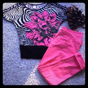 Zebra print cold shoulder top with sequin flower